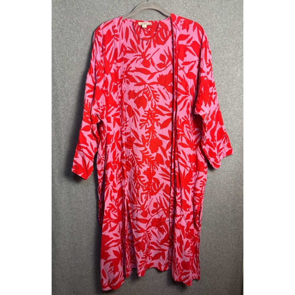 LOFT Floral Tropical Cover Up Kimono M/L 100% Modal Pink Red Beach Swim Duster